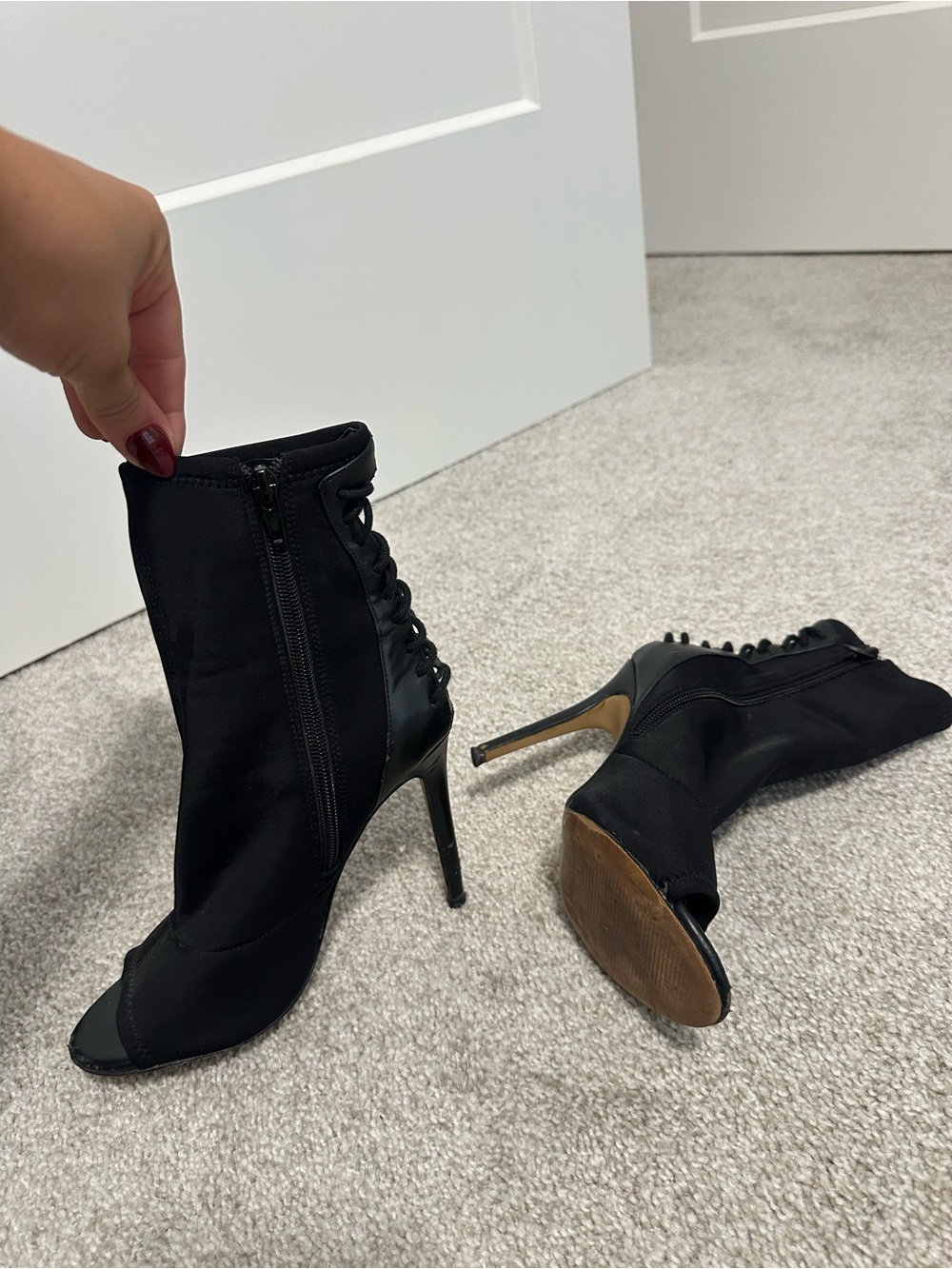 Aldo Black Peep-Toe Lace-Back Stiletto Ankle Boots